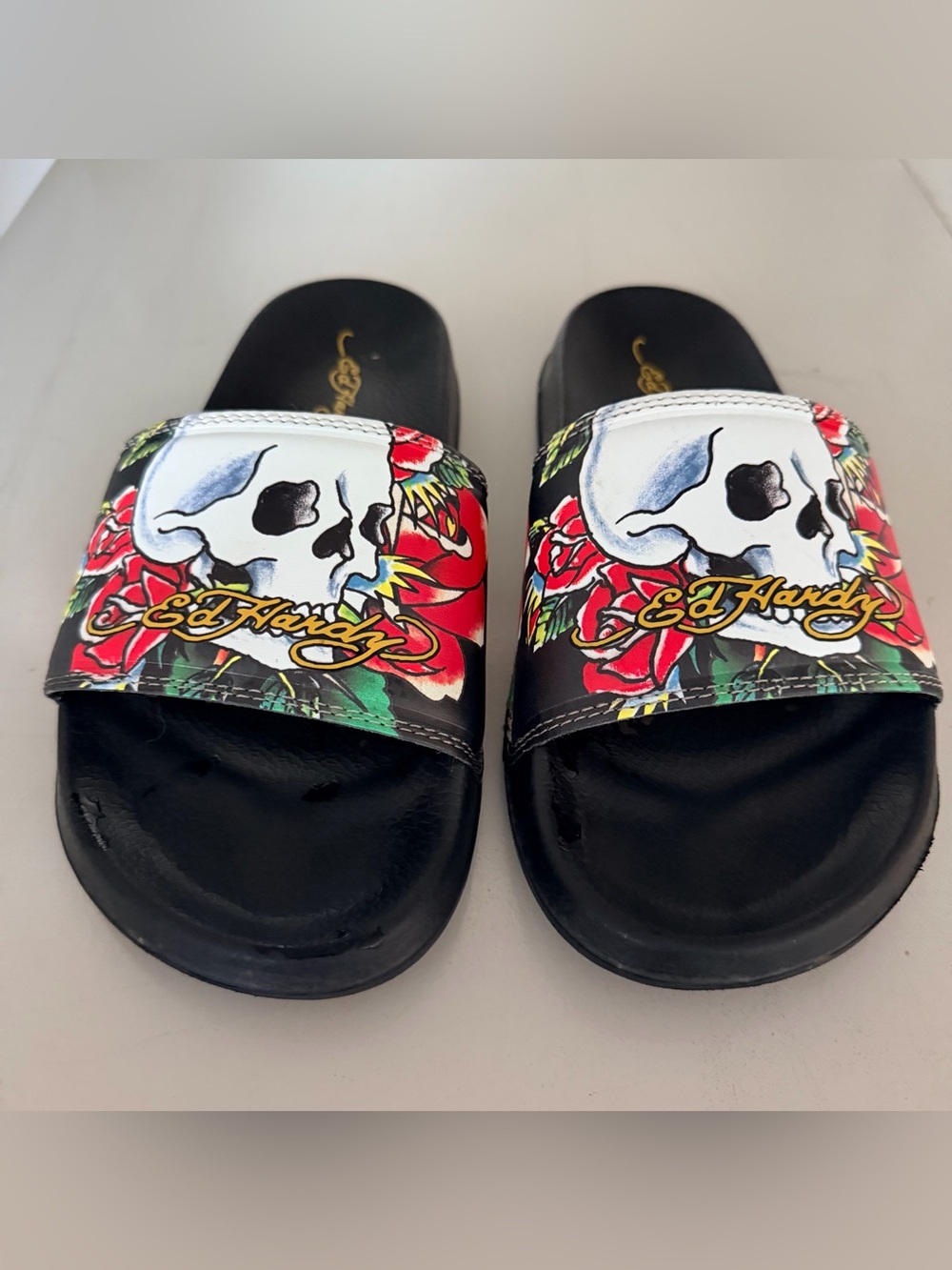 Ed Hardy Women's Black Skull & Roses Slides Sandals Flip Flops Shoes Size 9 New